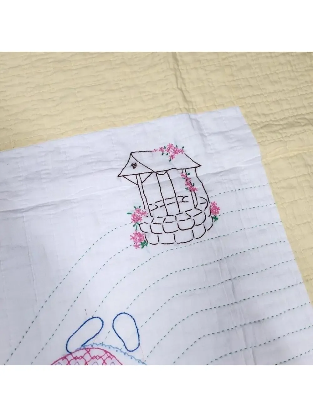 Vintage Handmade Embroidered Baby Quilt Jack and Jill Pail of Water 35 x 45 Inch